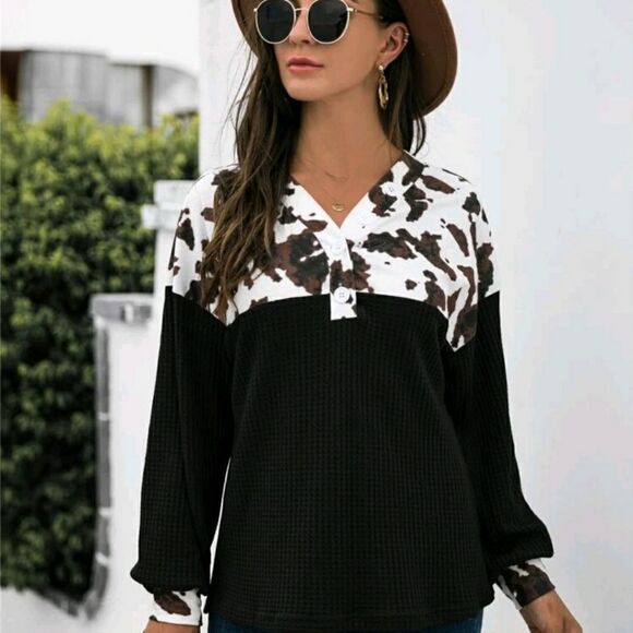 Cow Panel Half Button Sweatshirt - Picture 3 of 7